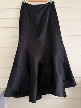Y2K Metaphor Black Satin Trumpet Maxi Skirt Swirl Seam Goth Size 12